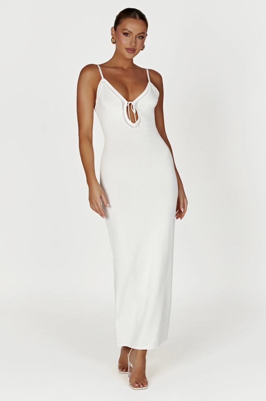 Meshki Maia Pointelle Knit Maxi Dress Women’s M White Ivory Tie Front Bridal